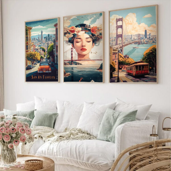 San Francisco Digital Wall Art | Golden Gate Bridge, Vintage Cityscape, Retro Urban Decor | 3-Piece Printable Art | Instant Download