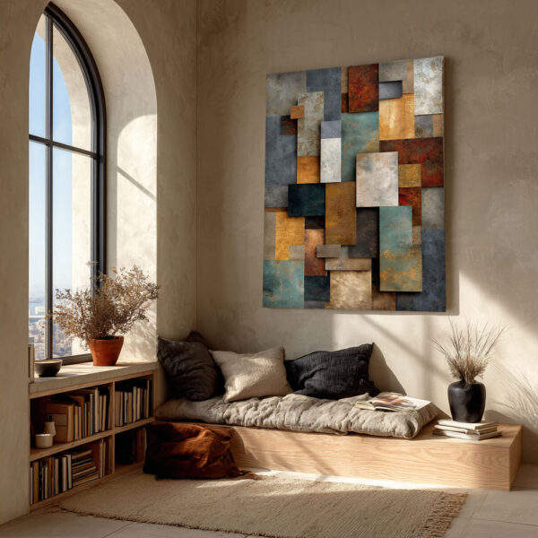 Industrial Geometric Abstract Canvas Wall Art – Modern Metal Texture Painting – Contemporary Loft Wall Decor | ArchitectEffects
