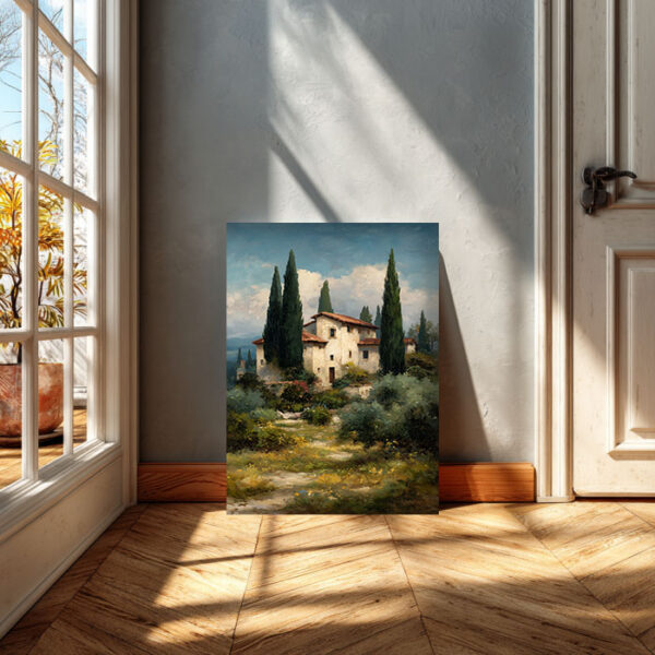 Tuscan Villa Landscape Canvas Wall Art – Mediterranean Nature Painting – Rustic Italian Countryside Decor