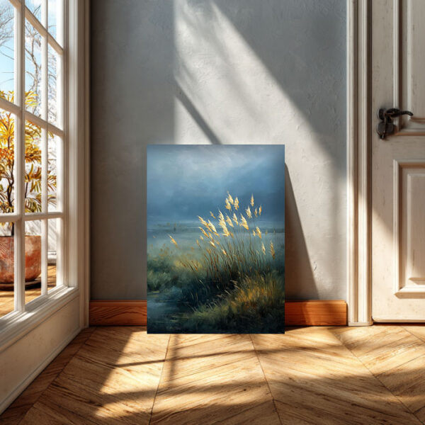 Lake Landscape Canvas Wall Art – Nature Painting – Blue and Gold Wall Decor