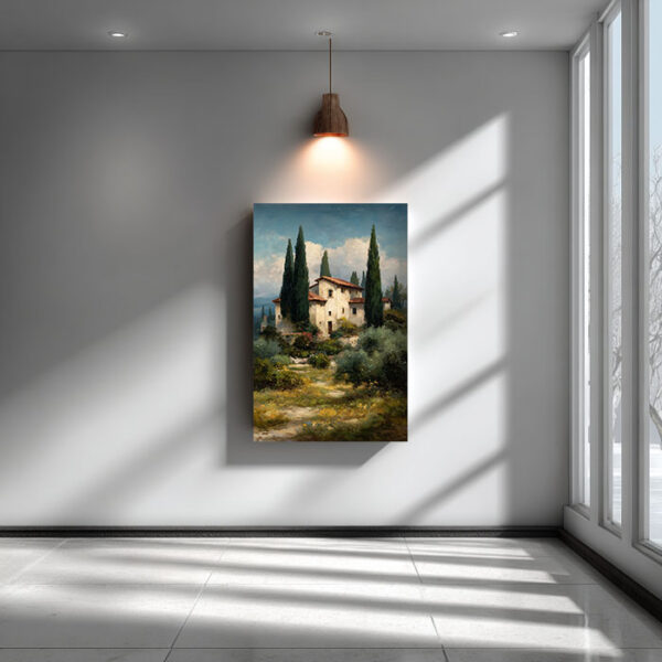 Tuscan Villa Landscape Canvas Wall Art – Mediterranean Nature Painting – Rustic Italian Countryside Decor