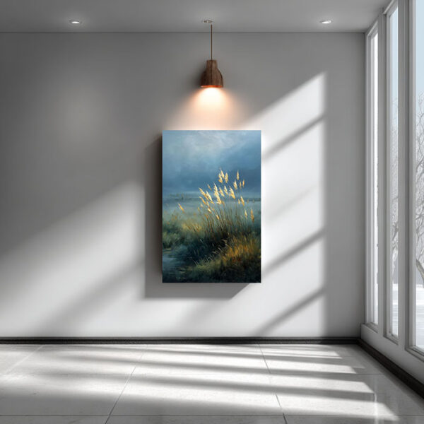 Lake Landscape Canvas Wall Art – Nature Painting – Blue and Gold Wall Decor