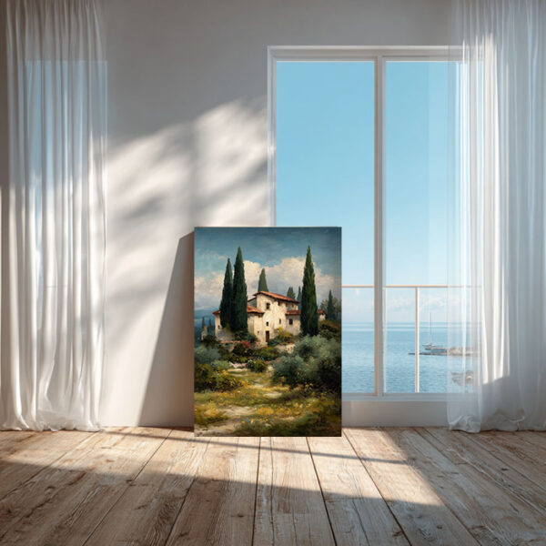 Tuscan Villa Landscape Canvas Wall Art – Mediterranean Nature Painting – Rustic Italian Countryside Decor