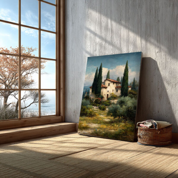 Tuscan Villa Landscape Canvas Wall Art – Mediterranean Nature Painting – Rustic Italian Countryside Decor