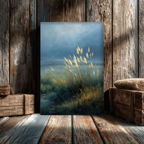 Lake Landscape Canvas Wall Art – Nature Painting – Blue and Gold Wall Decor