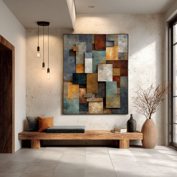 Industrial Geometric Abstract Canvas Wall Art – Modern Metal Texture Painting – Contemporary Loft Wall Decor | ArchitectEffects