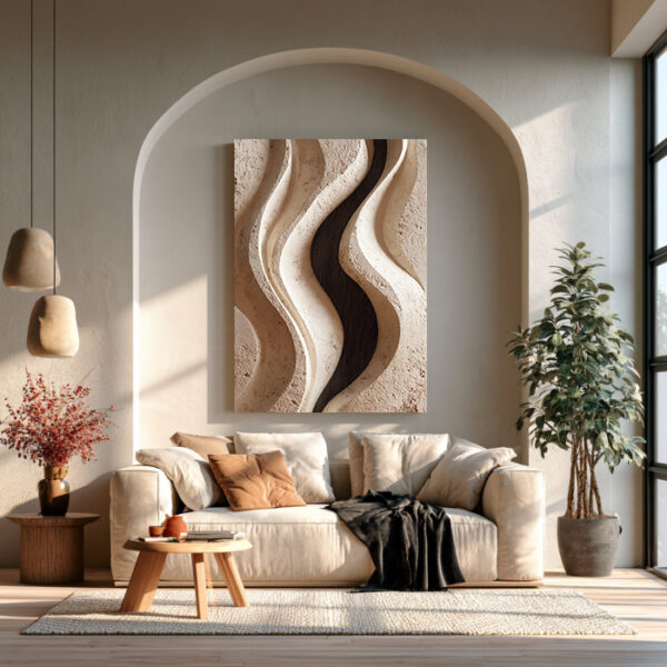 Neutral Organic Canvas Wall Art – Beige Abstract Wave Wall Decor, Modern Japandi Canvas Print